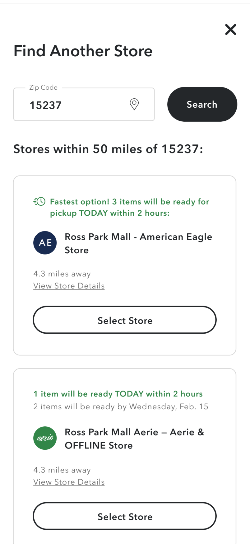BOPIS Find Another Store Screen